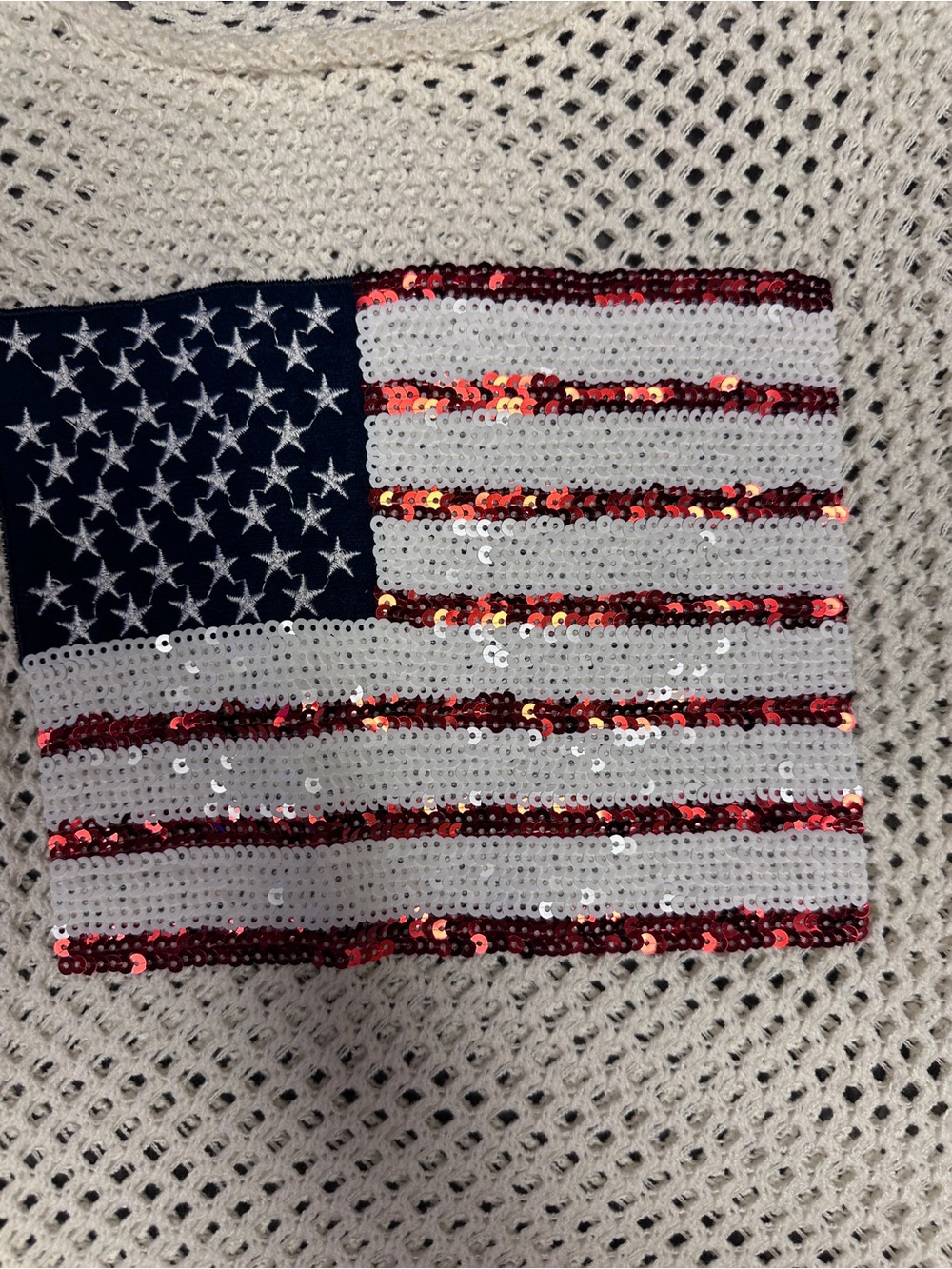 BiBi Cream Open-Knit Sweater with Navy & Red Sequin Flag - Picture 3 of 8